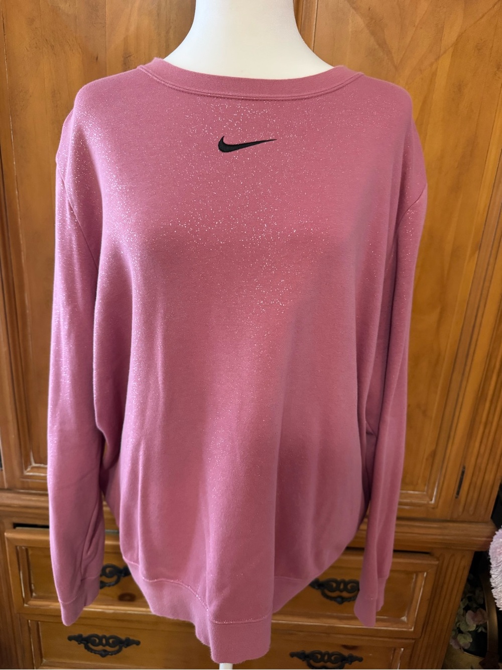 Nike Rose Pink Glitter Crewneck Sweatshirt with Black Swoosh